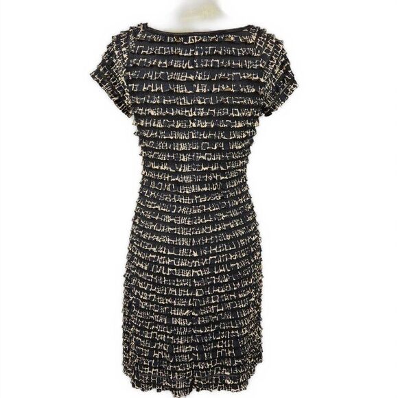 Connected Apparel Pencil Dress Women's Size 10 Black Tan Ruffled Stretch Sheath - Picture 2 of 7